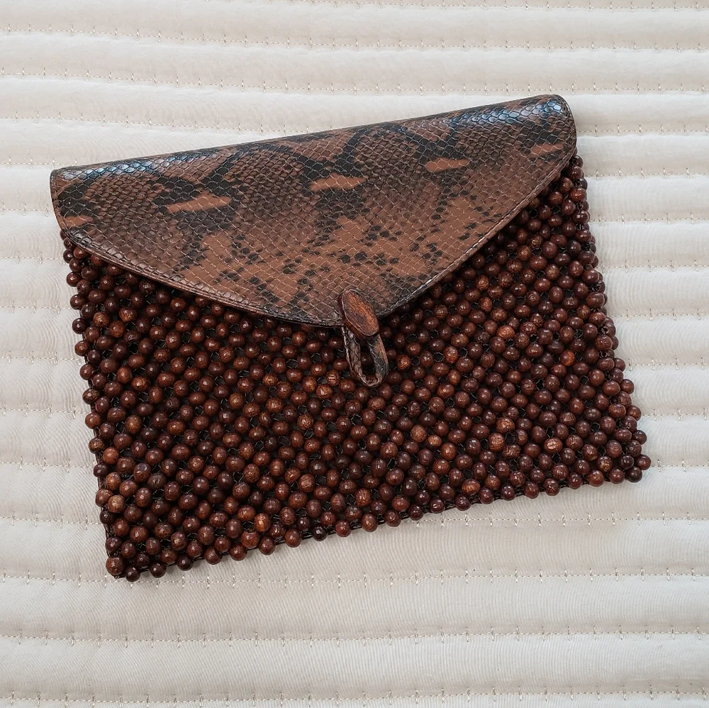 Brown Beaded Snake print Clutch Bag - Picture 2 of 10